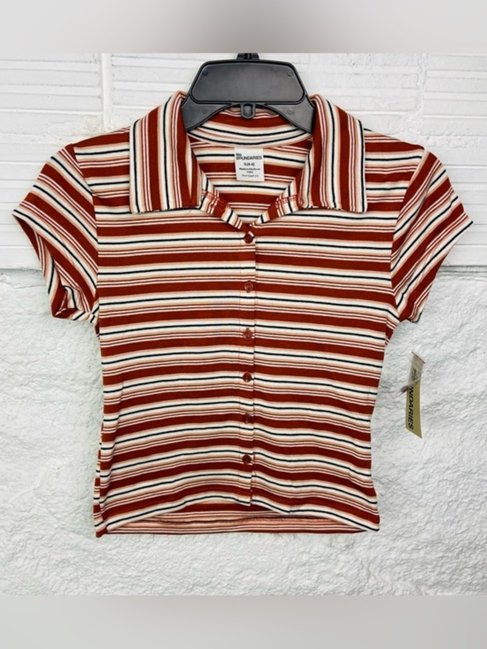 NWT No Boundaries Rust cotton stretch Striped Button-Up Polo Top size small